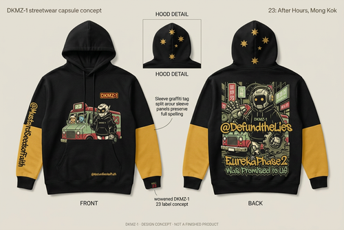 DKMZ-1 mustard-and-gold hoodie concept with original characters and graffiti tags