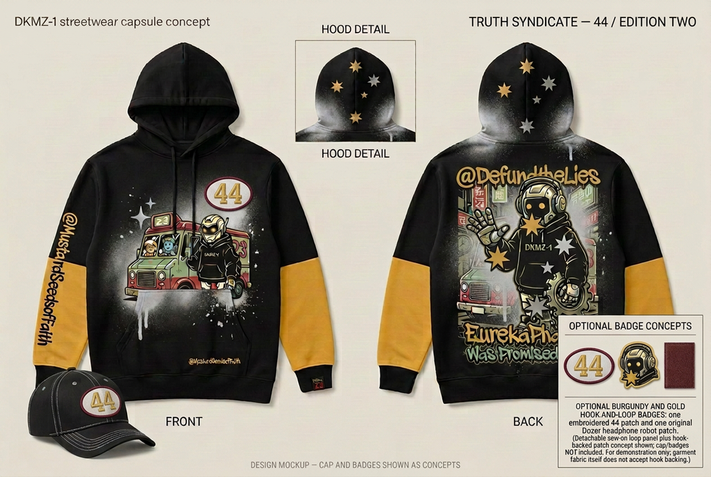 Truth Syndicate 44 pearl-opal oval badge with burgundy border concept